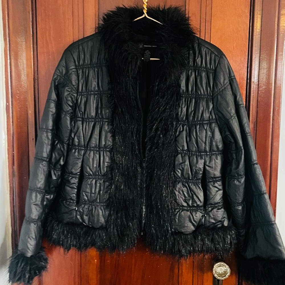 INC International Concepts Black Puffer Jacket with Faux Fur Trim